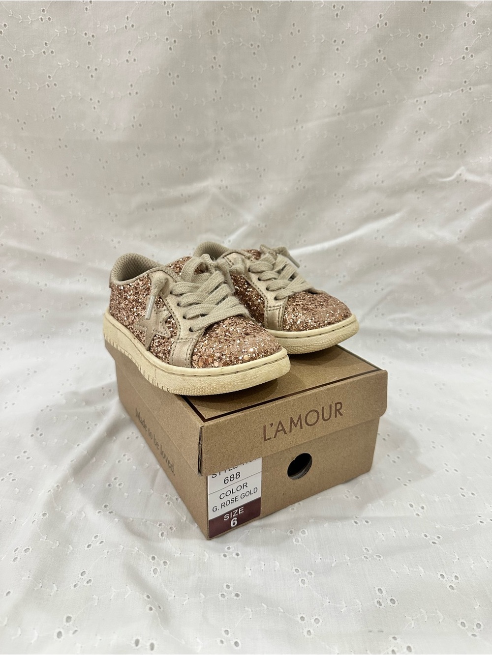 L'Amour Kids Rose Gold Glitter Sneakers with Neutral Trim